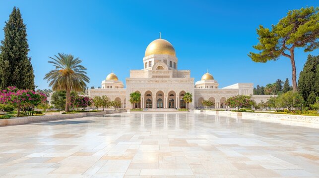 The Shrine of Bah&aacute;'u'll&aacute;h with its golden dome stands under a clear blue sky in Acre, Israel.