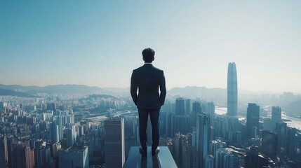 Plakat A man in a suit stands on the edge of a skyscraper overlooking a sprawling cityscape with towering buildings and a clear blue sky.