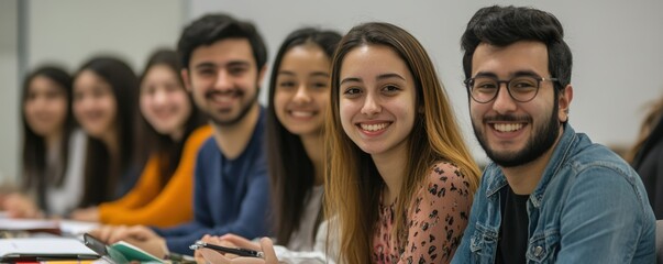 Diverse young adults smiling in classroom setting