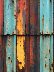 A background of corrugated metal sheets with streaks of rust.