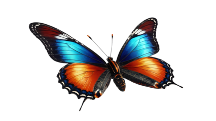 Vibrant, colorful butterfly with multicolored wings isolated on a white background. Perfect for design projects needing a touch of nature's beauty and vibrant color.