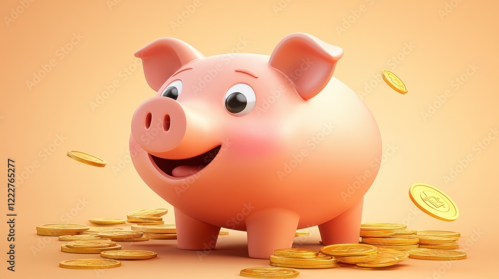 Poster 3d cartoon style piggy bank saving icon with coins. isolated minimal background. banking and busines