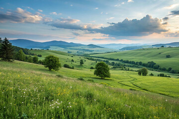 Serene sunset over rolling green hills and meadows.
