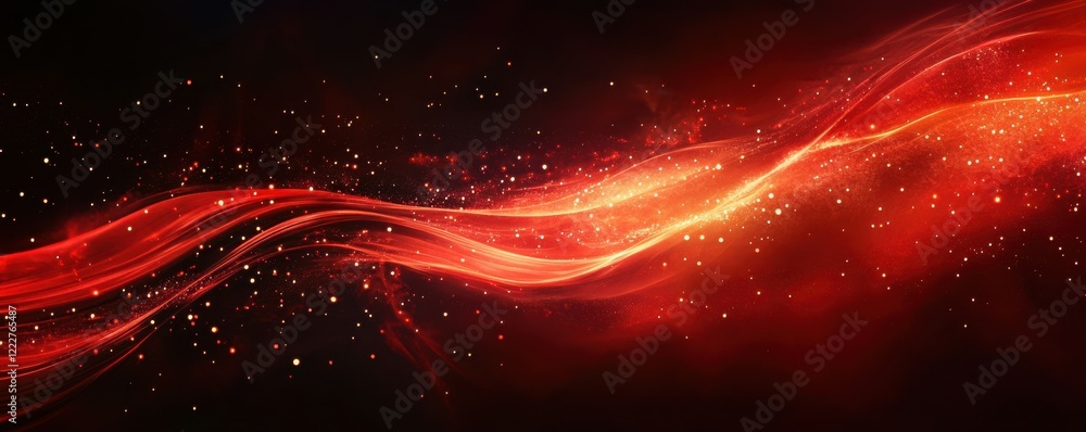 Poster abstract red wave with sparkling particles on dark background