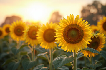 Obraz premium Sunflowers facing morning sun in golden light