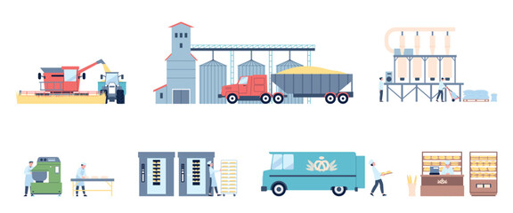 Bakery production factory. Workers and bakers on baking manufacture, cropping wheat and grinding flour. Agriculture industry, food industrial, recent vector scenes © LadadikArt
