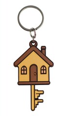 A keychain shaped like a house, symbolizing home ownership or real estate.