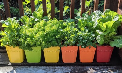 Fresh herbs in colorful pots create vibrant display of greenery, showcasing variety of plants like parsley, spinach, and lettuce. Perfect for gardening enthusiasts!