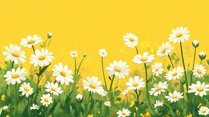 A cheerful composition of daisy flowers on a vibrant yellow background with even spacing