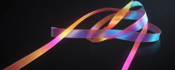 Glowing holographic ribbon on dark background, glittering ring, mesmerizing ring, dark background