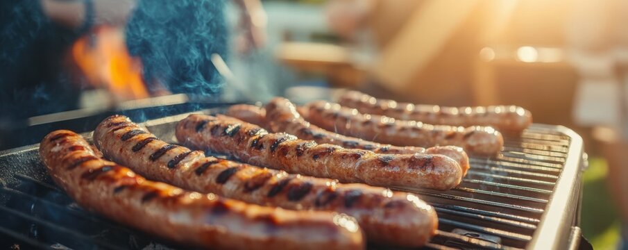 Grilling sausages on barbecue grill with smoke and sunlight