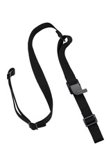 Black adjustable strap with plastic buckles, isolated on white background, versatile accessory for bags, backpacks, or luggage.