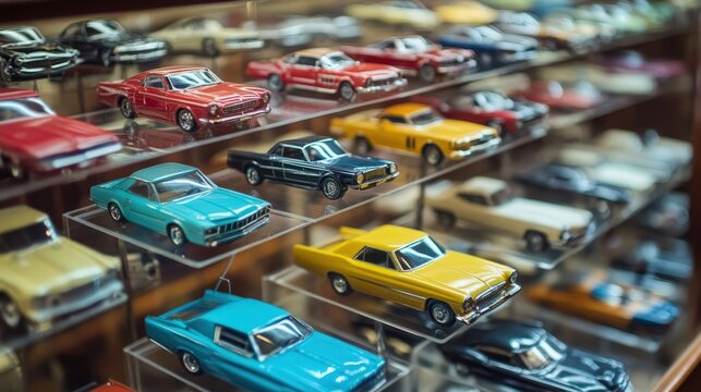 A display of beautifully preserved collectible matchbox cars arranged by era