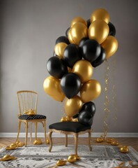 Gold and black balloons tied to a chair with a tablecloth underneath the balloons, chair decoration, black