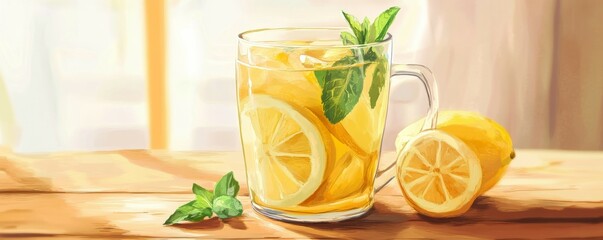 Fototapeta premium Fresh lemon ginger tea with mint and lemon slices in a glass cup on a wooden table