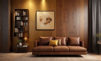 Fototapeta premium Golden Accent Wall with Book Storage in Dark Wood Tones, accent wall, cozy corner