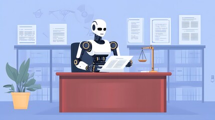 Robot Lawyer Analyzing Legal Documents in Modern Office Environment with Shelves and Plant