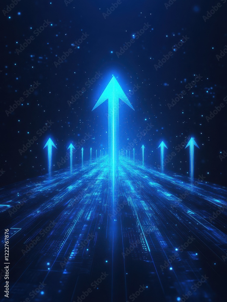 Poster abstract background with blue glowing arrows pointing upwards, representing growth and progress in t