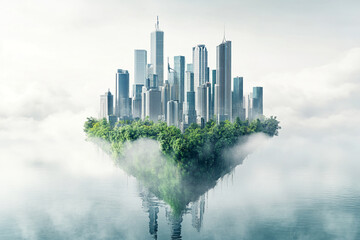 Floating futuristic city with skyscrapers, green nature, and mist, surreal urban landscape