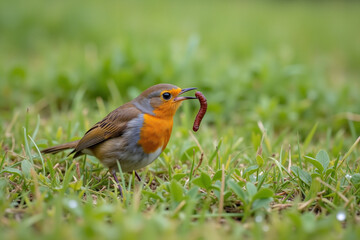 Robin pulling worm from dewy meadow grass