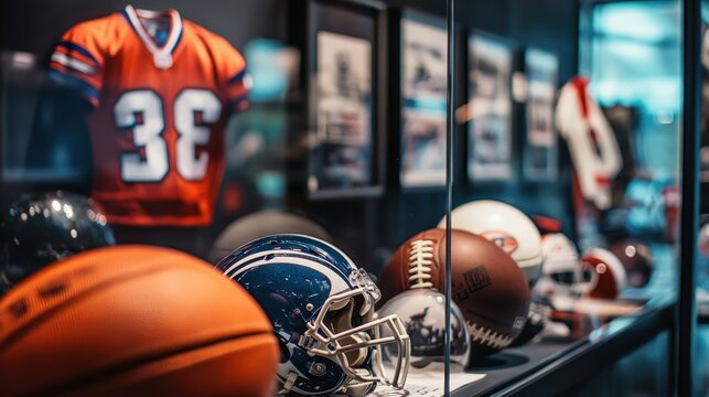 A display of collectible sports memorabilia, including signed balls and jerseys