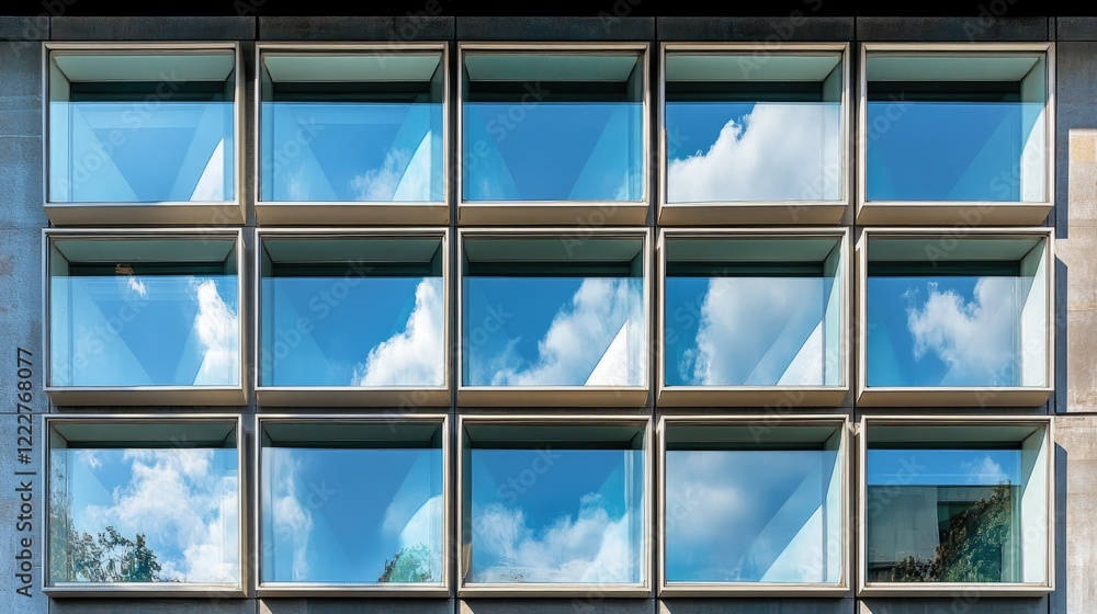 Poster a close-up view of a sleek glass facade featuring a repetitive square window pattern, reflecting the