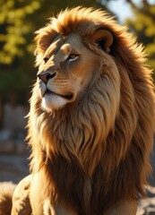 Obraz premium Golden lion with a luxuriant coat and majestic mane stretched out in the sun , golden lion, warm light, luxuriant coat