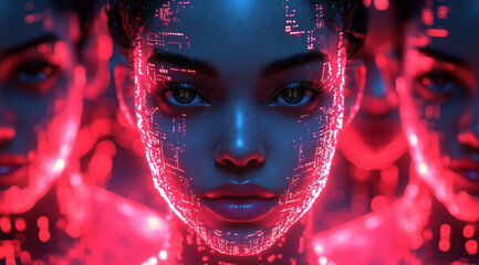 AI Artificial intelligence cyber. Futuristic AI abstract design, intricate circuitry pattern. AI Robot face, virtual human, virtual character, digital clone, machine learning. Realistic photo