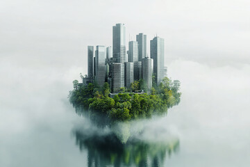 Fototapeta premium Floating city with skyscrapers and greenery, futuristic urban landscape in mist
