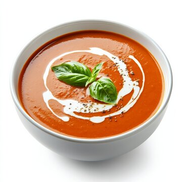 A bowl of creamy tomato basil soup with a swirl of cream, isolated white background, modern art style