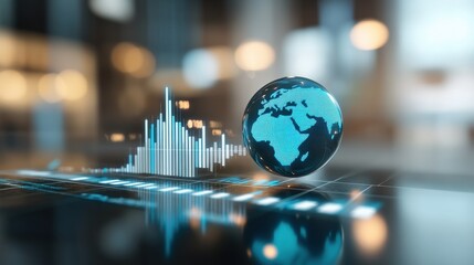 Glowing blue business chart hologram with globe on blurry background. Stock, trade and finance concept. 3D Rendering illustration