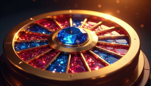 Golden wheel with large sapphires and rubies, shining brightly in the light as it spins around its axis, sapphire, brilliance, luxury