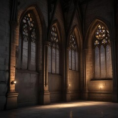 Fototapeta premium Gothic church wall with illuminated electric lights creating a sense of mystery and wonder in the night, shadowy, electric lights