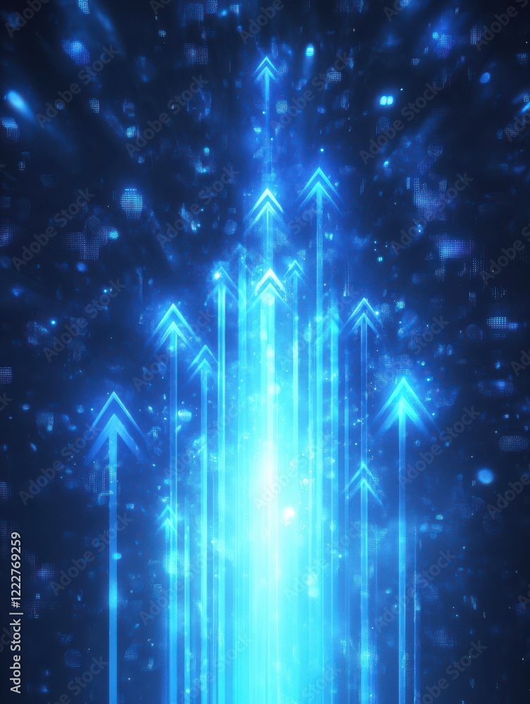 Poster abstract background with blue glowing arrows pointing upwards, representing growth and progress in t