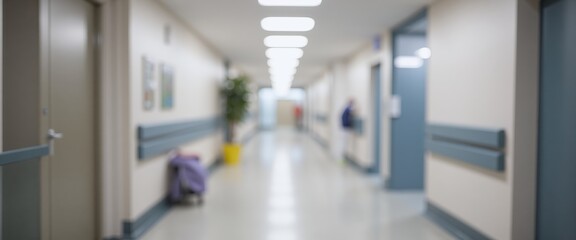 Blurred view of a hospital hallway with bright lighting, teal walls, and clinical atmosphere, symbolizing healthcare or medical facilities.