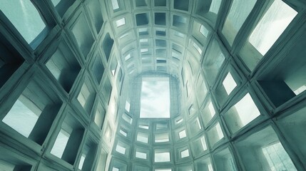 Fototapeta premium A contemporary building glass facade showcasing a symmetrical pattern of square windows, surrounded by urban elements