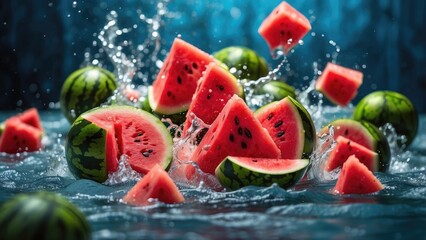An artistic arrangement of vibrant green melons and slices of juicy red watermelon,
