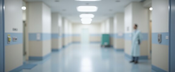 Blurred view of a hospital hallway with bright lighting, teal walls, and clinical atmosphere, symbolizing healthcare or medical facilities.