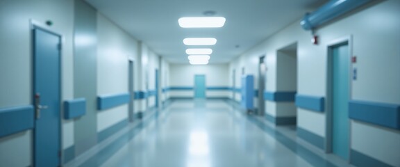 Blurred view of a hospital hallway with bright lighting, teal walls, and clinical atmosphere, symbolizing healthcare or medical facilities.