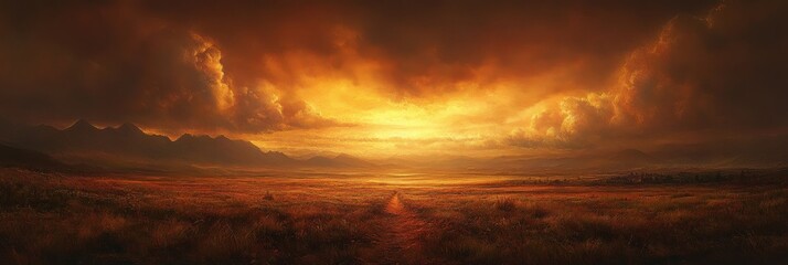 Obraz premium A distant thunderstorm over a prairie, captured at sunset