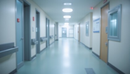 Blurred view of a hospital hallway with bright lighting, teal walls, and clinical atmosphere, symbolizing healthcare or medical facilities.