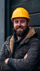 Portrait of a Confident Construction Worker, Smiling in Yellow Hard Hat, Industrial Setting