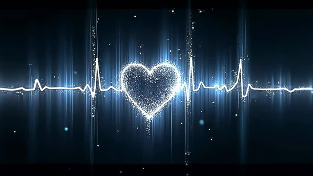 Glowing heart and EKG line. Blue neon style. Medical concept. For presentation, social media. Animation background.
