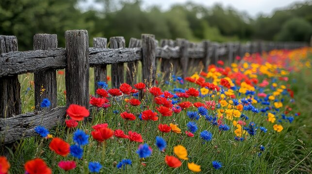 Colorful wildflowers bloom along rustic fence, idyllic countryside