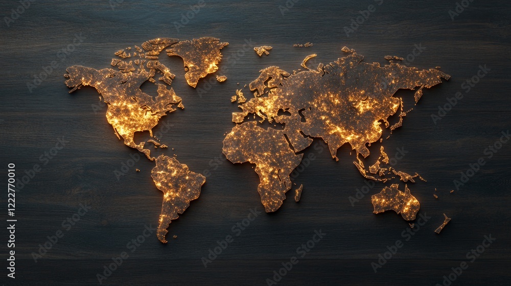 Poster illuminated world map design on dark textured background.