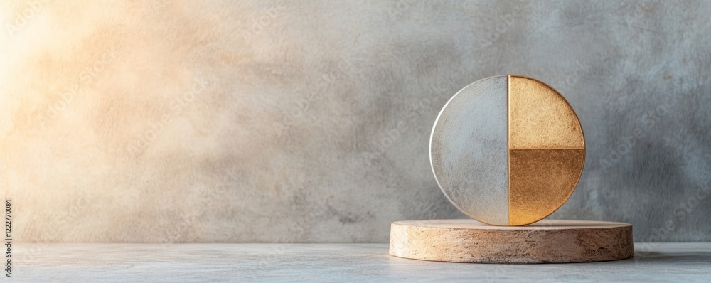 Poster abstract circular sculpture with gold and clear sections on a textured background.