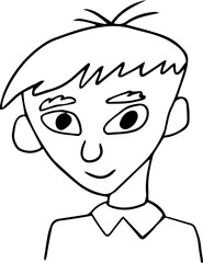 Smiling young guy with thick eyebrows and triangle shaped head looking at camera
