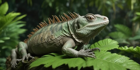 Fototapeta premium Green lau banded iguana resting on a lush green leaf, foliage, tropical, green vegetation