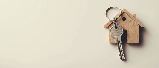 A wooden house keychain with a key, symbolizing home ownership or real estate.