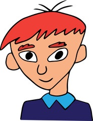 smiling young guy with thick eyebrows and triangle shaped head with red hair in blue shirt looking at camera
